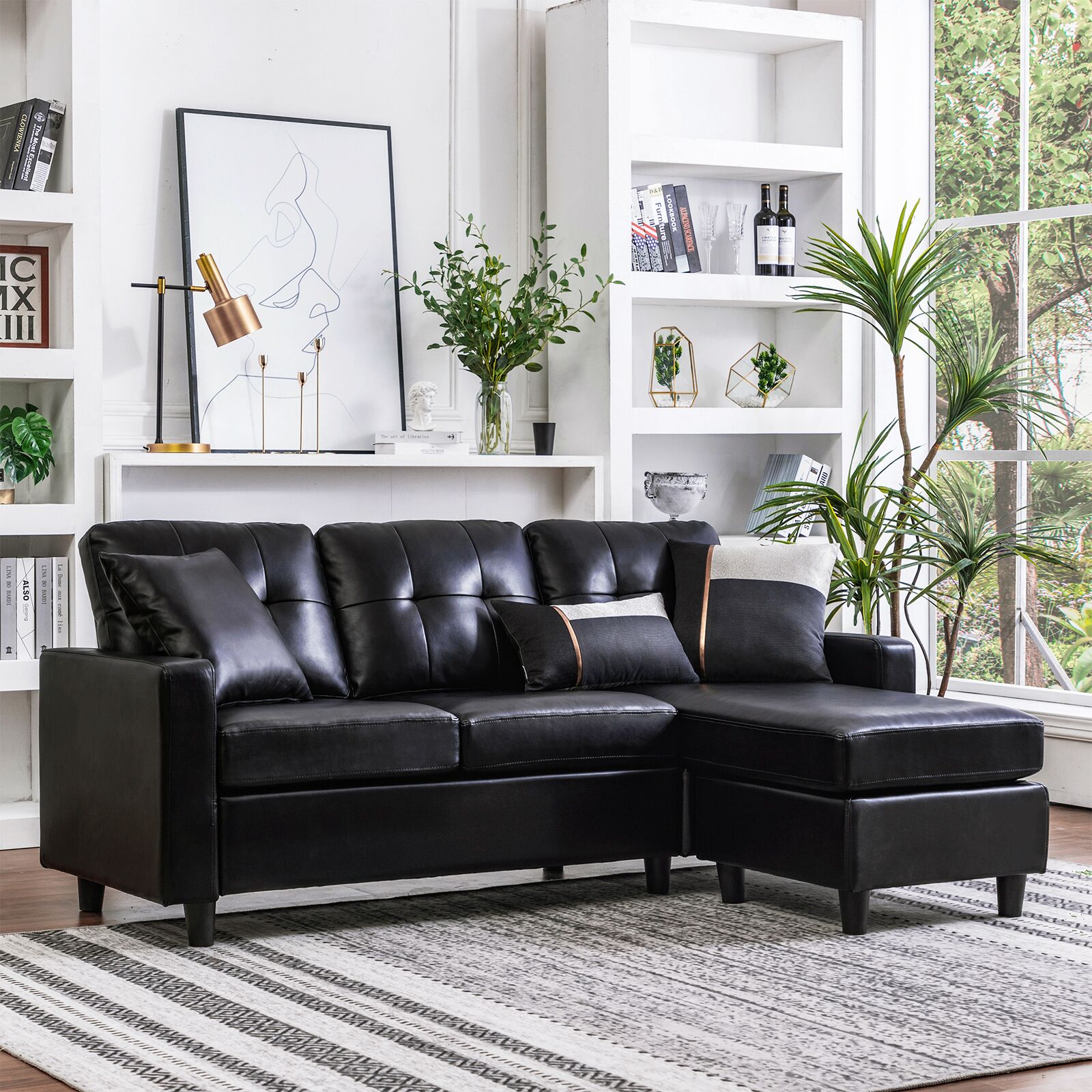 Faux Leather Sectional Sofa L Shaped Couch Reversible Chaise Small Space Black EBay