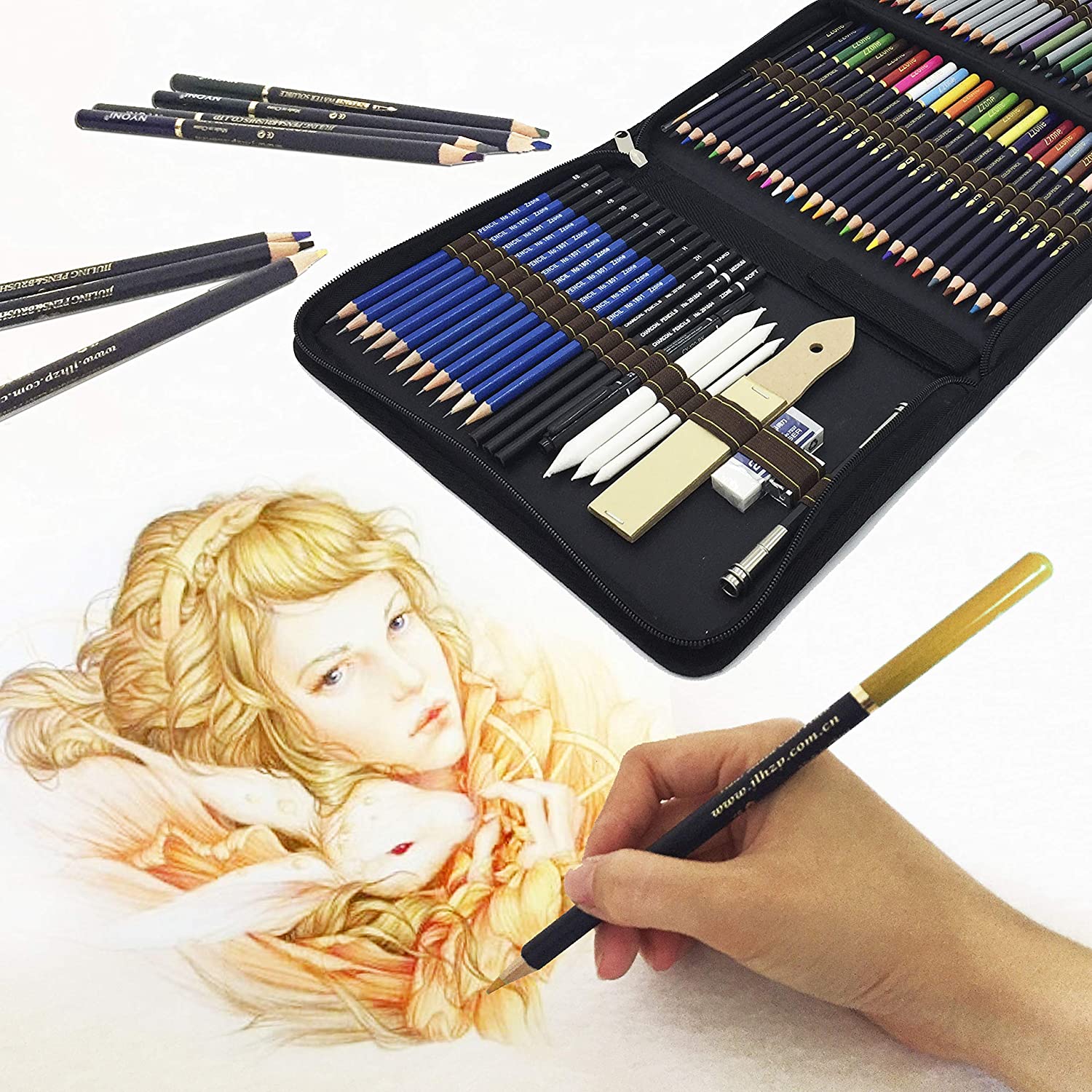 Set 72 Crayons De Couleur Professionnels + Accessoires - Pochette Zip Pour Artistes Et Coloriage